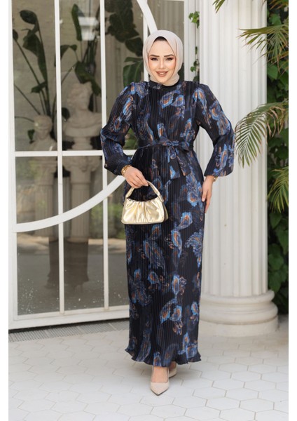 Pileli Desenli Siyah Tesettür Elbise 23502S fiyatları