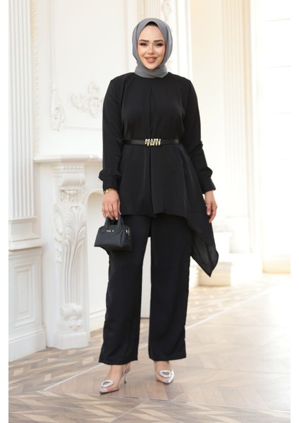 Asimetrik Kesim Siyah Tesettür Ikili Takım 20253S