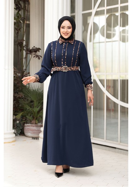 Leopar Detaylı Lacivert Tesettür Elbise 10246L