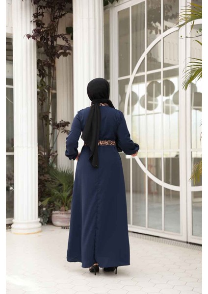 Leopar Detaylı Lacivert Tesettür Elbise 10246L fiyatları