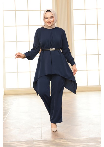Asimetrik Kesim Lacivert Tesettür Ikili Takım 20253L