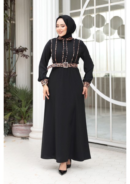 Leopar Detaylı Siyah Tesettür Elbise 10246S