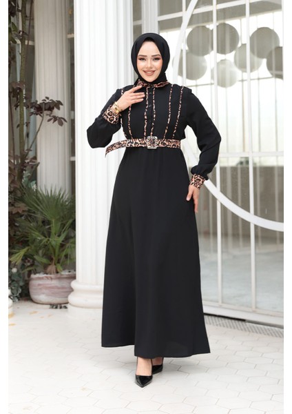 Leopar Detaylı Siyah Tesettür Elbise 10246S fiyatları