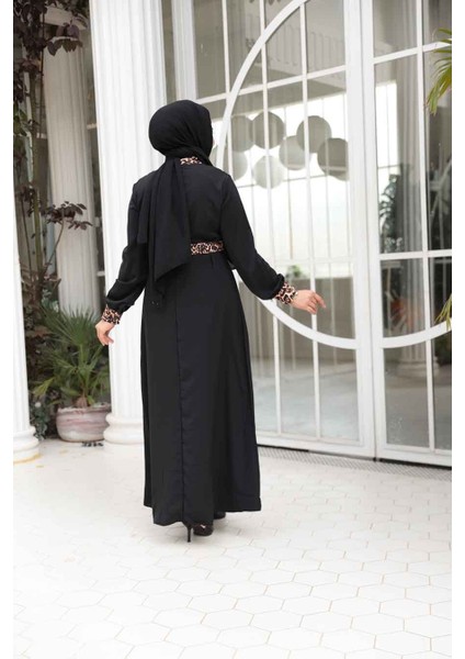 Leopar Detaylı Siyah Tesettür Elbise 10246S modelleri