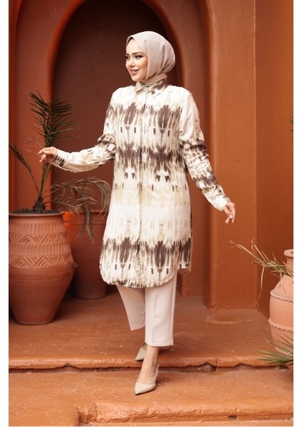 Desenli Kahverengi Tesettür Viskon Tunik 11744KH