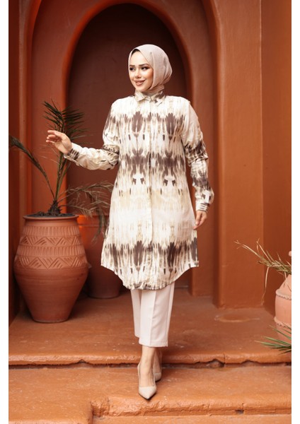 Desenli Kahverengi Tesettür Viskon Tunik 11744KH fiyatları