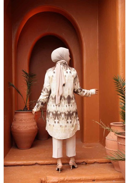 Desenli Kahverengi Tesettür Viskon Tunik 11744KH modelleri