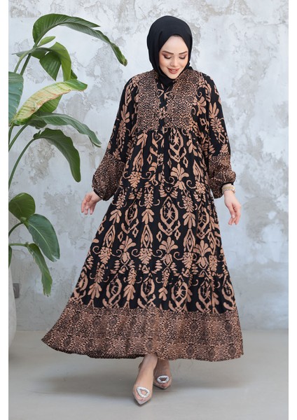 Desenli Siyah Camel Tesettür Elbise 30015SC