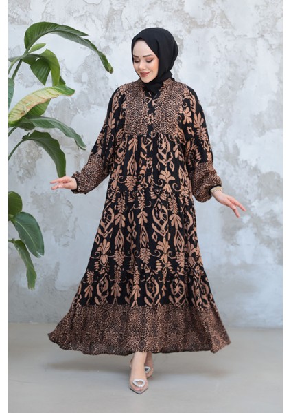 Desenli Siyah Camel Tesettür Elbise 30015SC fiyatları