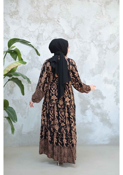 Desenli Siyah Camel Tesettür Elbise 30015SC modelleri