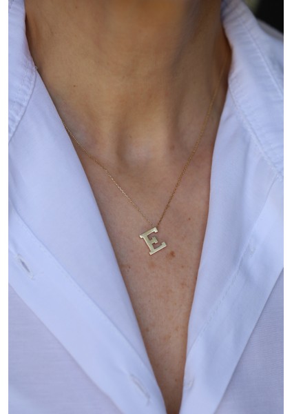 14 Ayar Altın E Harfli Kolye 1 cm genişlik