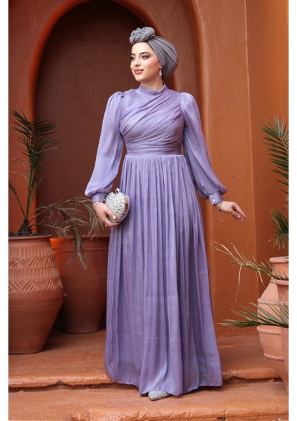 Drape Detaylı Lila Tesettür Abiye Elbise 44081LILA