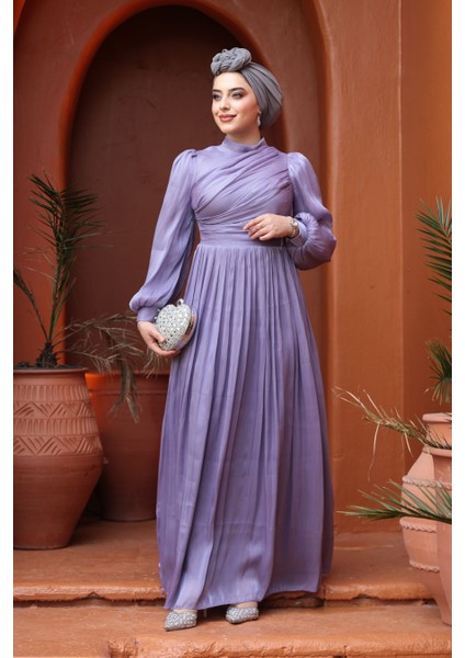 Drape Detaylı Lila Tesettür Abiye Elbise 44081LILA fiyatları