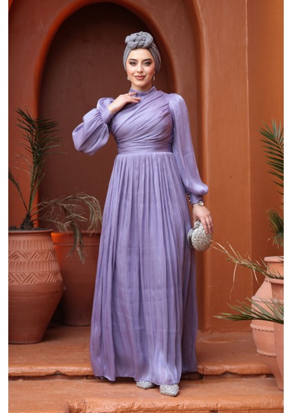 Drape Detaylı Lila Tesettür Abiye Elbise 44081LILA modelleri