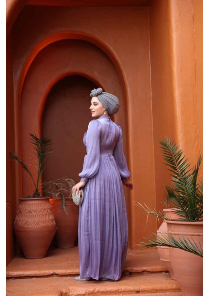 Drape Detaylı Lila Tesettür Abiye Elbise 44081LILA fırsatları