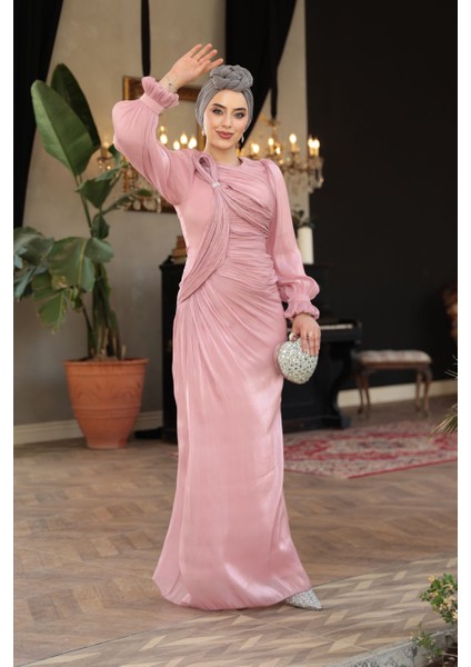 Drapeli Pudra Tesettür Abiye Elbise 51512PD
