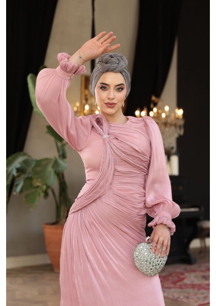 Drapeli Pudra Tesettür Abiye Elbise 51512PD