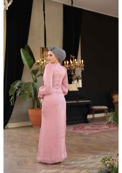 Drapeli Pudra Tesettür Abiye Elbise 51512PD