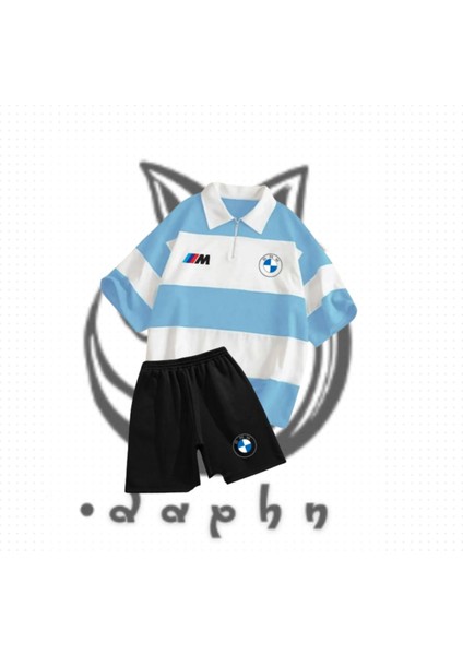Çizgili Oversize Polo Yaka Yakası Fermuarlı Bebe Mavisi Bmw Baskılı T-Shirt Şort 2'li Takım
