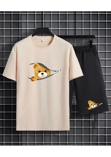 Ayı Baskılı Erkekler Için 2 Parça , Rahat Kısa Kollu Oversize T-Shirt ve Yazlık Bağcıklı Şort Takımı