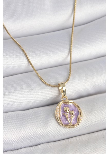 316L Çelik Gold Renk Zincir Mor Mineli Çiçek Işlemeli Portre Model Kadın Kolye