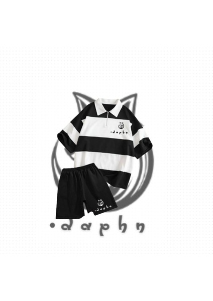 Çizgili Oversize Polo Yaka Siyah Daphn Fox Baskılı T-Shirt Şort (Siyah) 2'li Takım