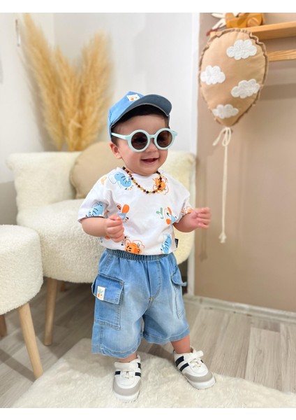Gözlük Hediyeli Erkek Bebek 3'lü Yazlık Takım Tişört + Cepli Kot Şort + Şapka modelleri