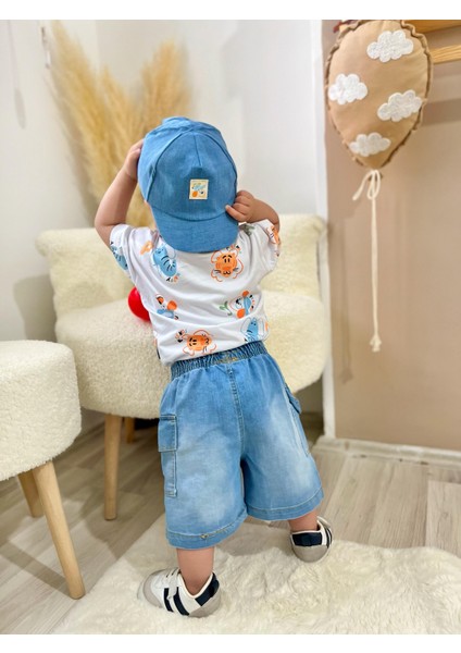 Gözlük Hediyeli Erkek Bebek 3'lü Yazlık Takım Tişört + Cepli Kot Şort + Şapka fırsatları