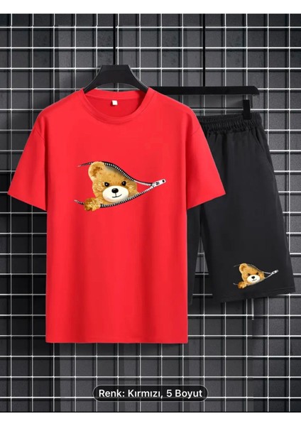 Ayı Baskılı Erkekler Için 2 Parça , Rahat Kısa Kollu Oversize T-Shirt ve Yazlık Bağcıklı Şort Takımı