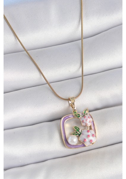 316L Çelik Gold Renk Zincir Mor Mineli Kare Model Çiçek Işlemeli Inci Detay Kadın Kolye