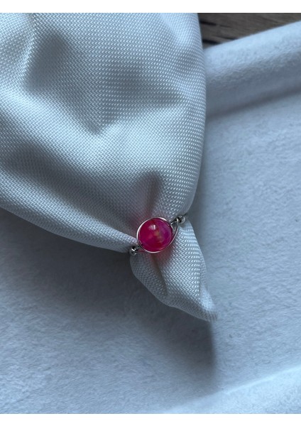 8 mm Pembe Akik Ayarlanabilir Gümüş Tel Yüzük