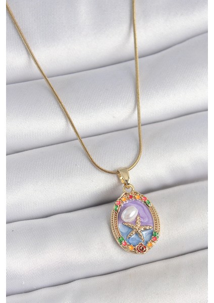 316L Çelik Gold Renk Zincir Mix Renk Deniz Yıldız Işlemeli Renki Çiçek Detay Portre Model Kadın Kolye