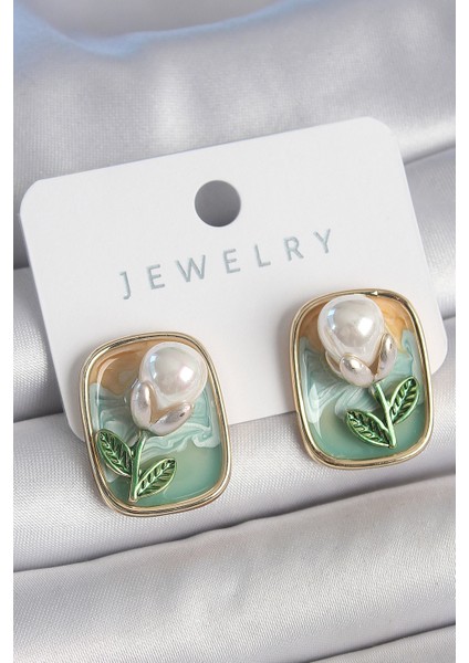 Pirinç Gold Renk Mix Renk Mineli Incili Çiçek Mineli Portre Model Kadın Küpe