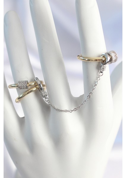 Pirinç Mix Renk Zirkon Taşlı Zincir Kadın Yüzük Seti