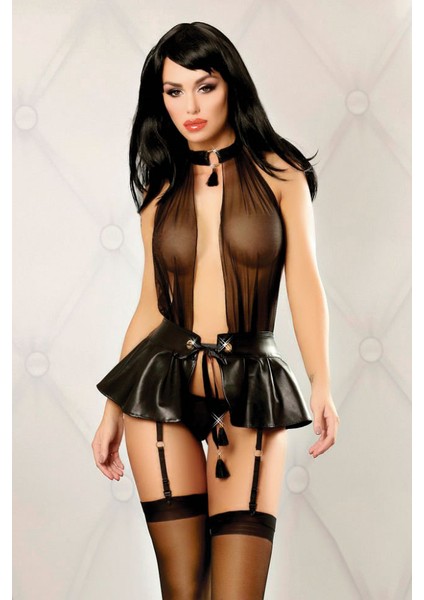 Siyah  Deri  Jartiyer  Etek Çorap Takım