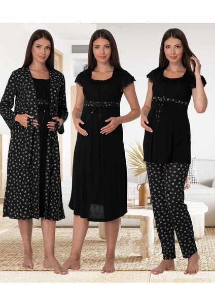 Dvina Effortt Lohusa 4'lü Set - Sabahlık/pijama Takımı/gecelik Siyah - 6016