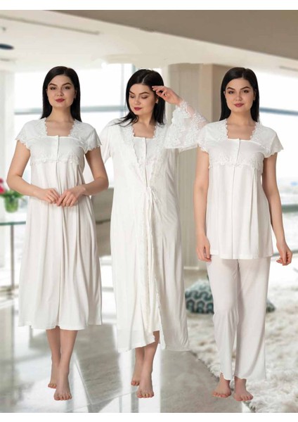 Dvina Effortt Lohusa 4'lü Set - Sabahlık/pijama Takımı/gecelik Ekru - 5015
