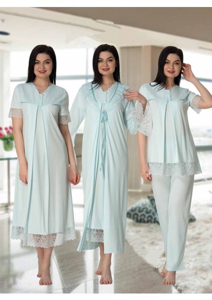 Dvina Effortt Lohusa 4'lü Set - Sabahlık/pijama Takımı/gecelik Mavi - 5046