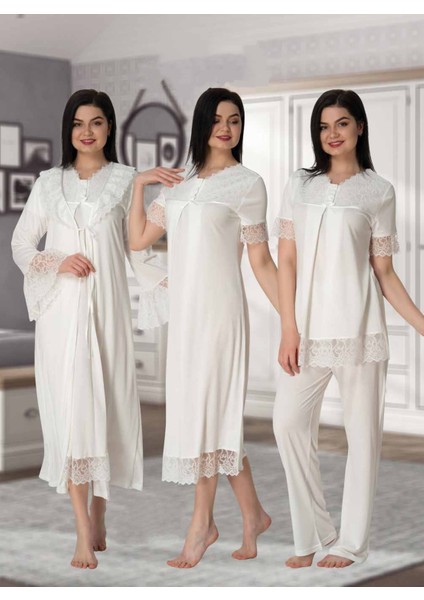 Dvina Effortt Lohusa 4'lü Set - Sabahlık/pijama Takımı/gecelik Ekru - 5046