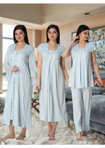 Dvina Effortt Lohusa 4'lü Set - Sabahlık/pijama Takımı/gecelik Mavi - 5015