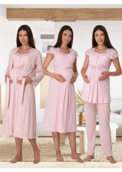 Dvina Effortt Lohusa 4'lü Set - Sabahlık/pijama Takımı/gecelik Pudra - 6016