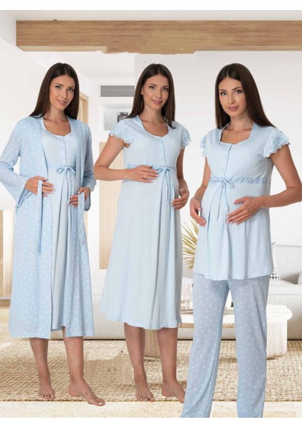 Dvina Effortt Lohusa 4'lü Set - Sabahlık/pijama Takımı/gecelik Mavi - 6016