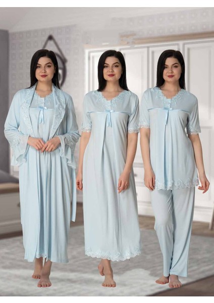 Dvina Effortt Lohusa 4'lü Set - Sabahlık/pijama Takımı/gecelik Mavi - 5036