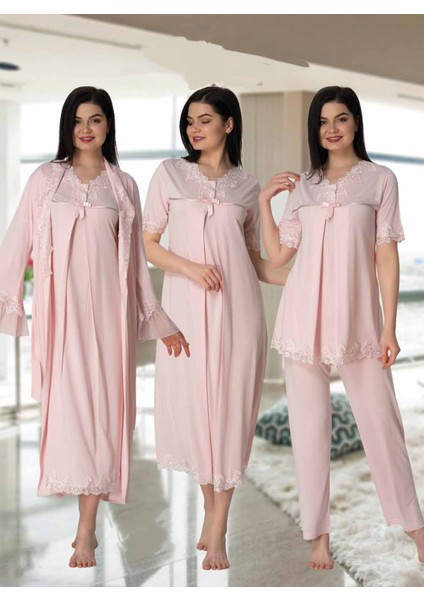 Dvina Effortt Lohusa 4'lü Set - Sabahlık/pijama Takımı/gecelik Pudra - 5036