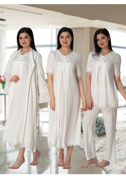 Dvina Effortt Lohusa 4'lü Set - Sabahlık/pijama Takımı/gecelik Ekru - 5036