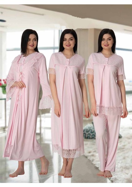 Dvina Effortt Lohusa 4'lü Set - Sabahlık/pijama Takımı/gecelik Pembe - 5046