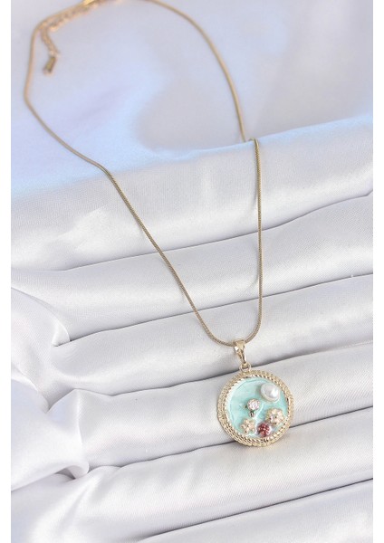 316L Çelik Gold Renk Zincir Mavi Mineli Inci Çiçek Işlemeli Zirkon Taş Detaylı Madalyon Model Kadın Kolye fiyatları