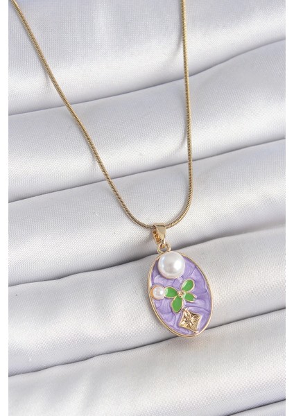 316L Çelik Gold Renk Zincir Mor Mineli Oval Incili Çiçek Işlemeli Portre Model Kadın Kolye
