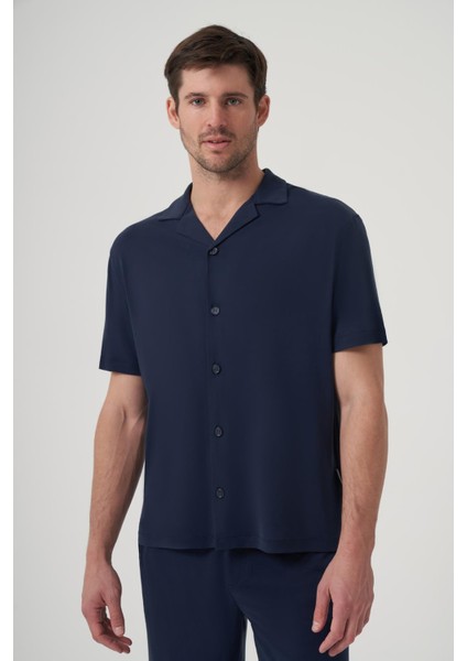 Maglia Lacivert Modal Içerikli Relaxed Fit Mono Yaka Süprem Gömlek