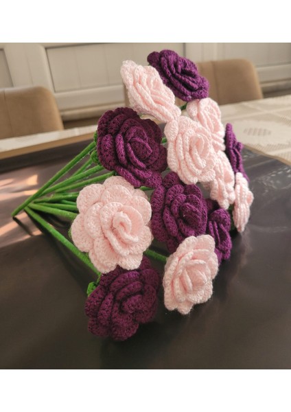 Örgü Çiçek Buketi, Toz Pembe-Mor Karışık Gül Buketi, Anneler Günü, Sevgililer Günü, Özel Günler Hediye Yapay Çiçek, Gıftandflowers fiyatları
